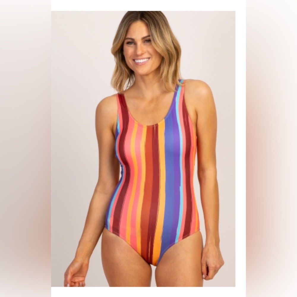 New Colorful Orange Striped Cutout One-Piece Bathing Swimsuit Small Back tie